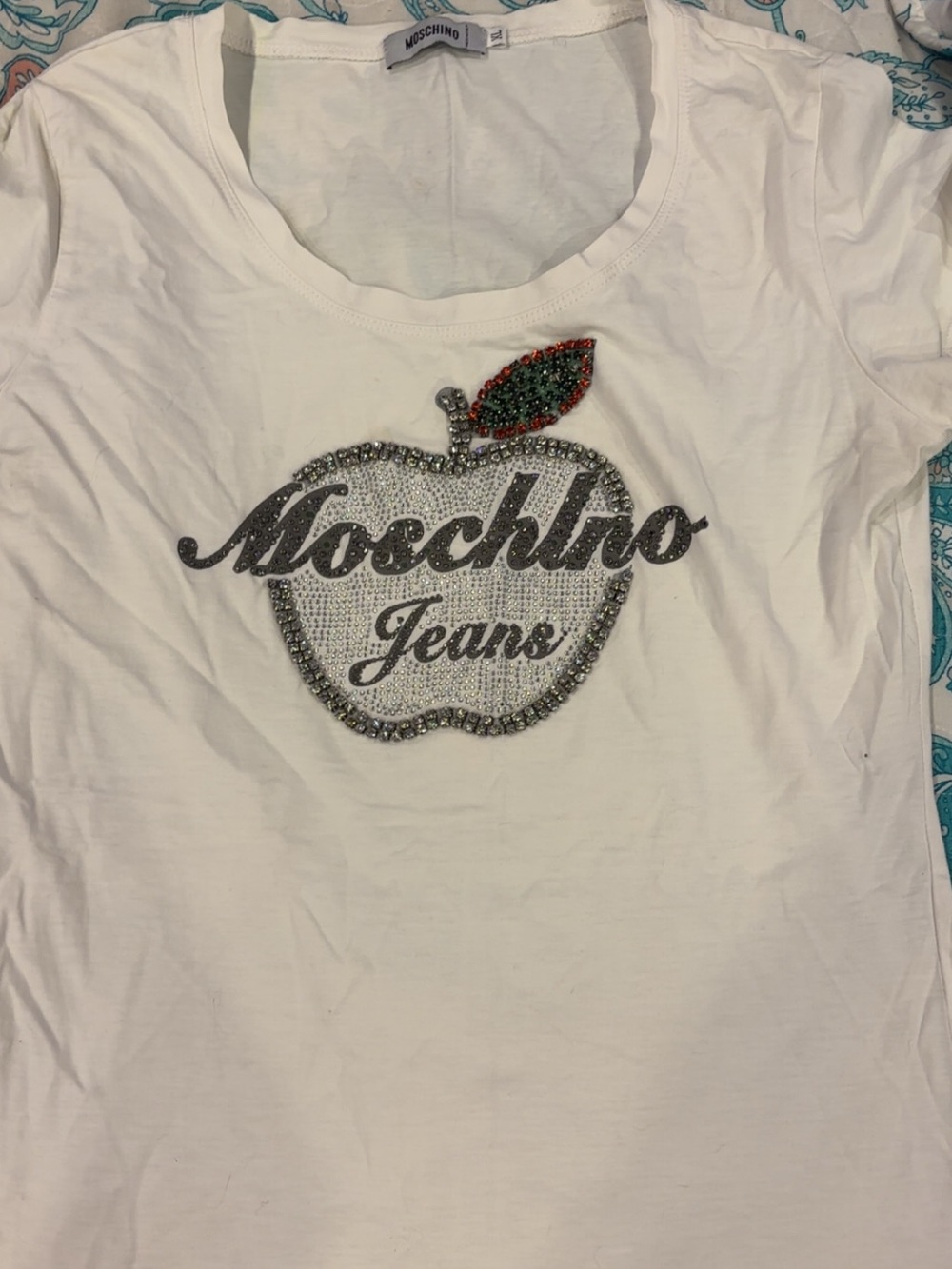 Moschino White Tee with Silver, Green and Red Sequin Apple Logo